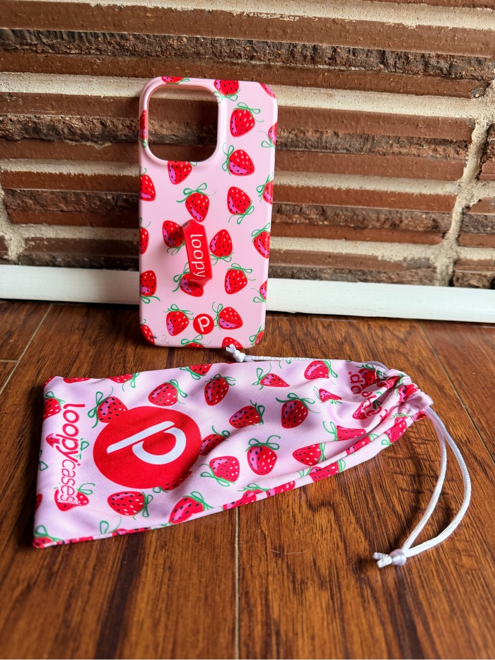 Loopy Case Pink Strawberry Print Phone Case with Matching Pouch iPhone 13 Pro